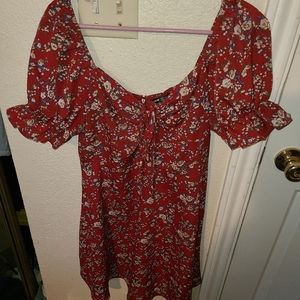 Puff sleeve red floral mini dress
